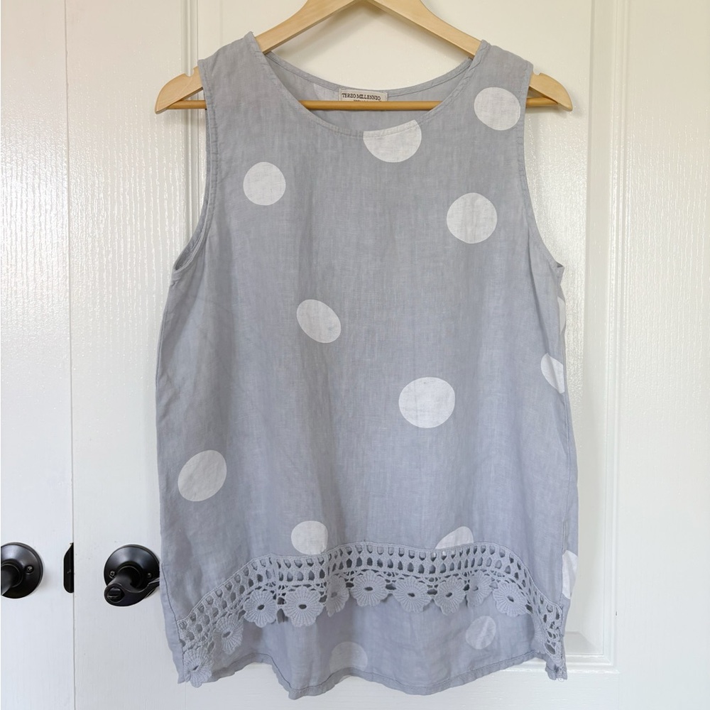 Grey Linen Midi Dots Sleeveless Top Polka Dot Tank Top Terzo Millennio Size M